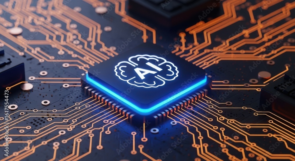 Poster close up of ai brain on computer chip, representing artificial intelligence and technology