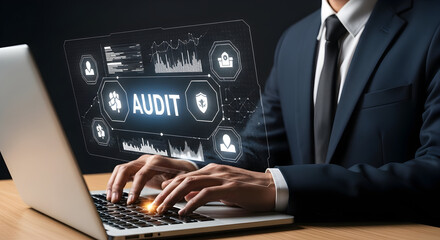 Businessman auditing data with digital interface; charts in background; office use