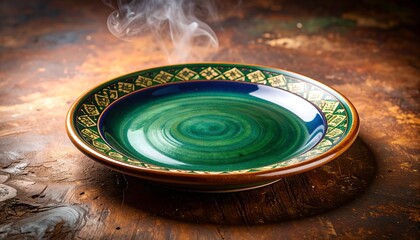 Empty ornate plate with steam