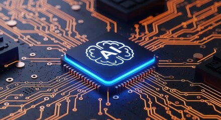 Close up of ai brain on computer chip, representing artificial intelligence and technology