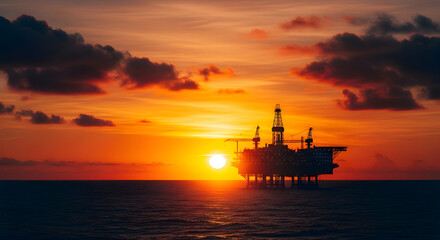 Obraz premium Offshore oil rig silhouetted against a fiery sunset sky, symbolizing energy production and industrial power.