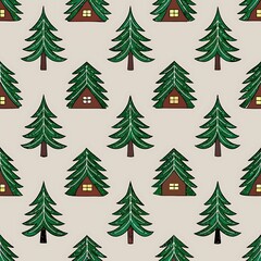 Cozy christmas tree cabin pattern seamless background