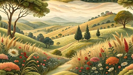 Idyllic tuscan landscape with rolling hills and wildflowers