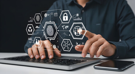 Man types on a laptop, tapping security icons. Dark background. Digital security concepts