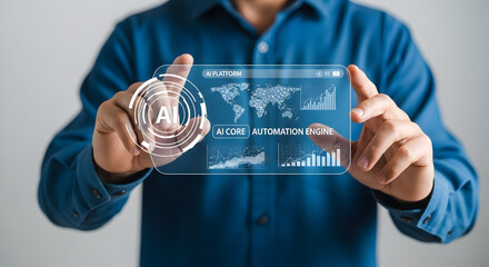 Man uses transparent screen with data, charts & AI, global map, tech background. Tech solutions