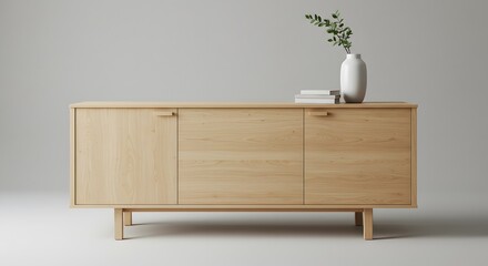 Modern Wooden Sideboard with Vase and Books on Light Background