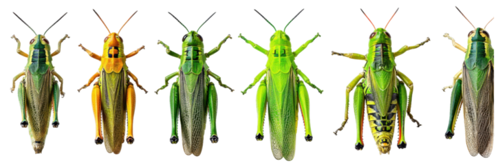 Realistic Arrangement of Straight Grasshoppers in Vibrant Colors