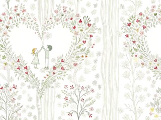 Whimsical couple embracing in a floral heart shaped archway