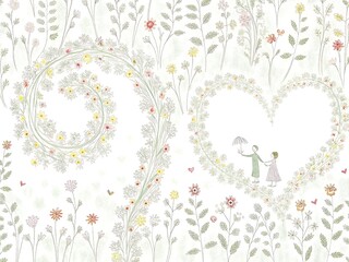 Floral wreath heart shapes forming the word mom with delicate flowers and leaves