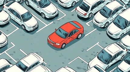 76.A detailed illustration of a car park with a single red car parked in the middle of hundreds of white cars. The red car draws attention as the focal point, surrounded by neatly parked white