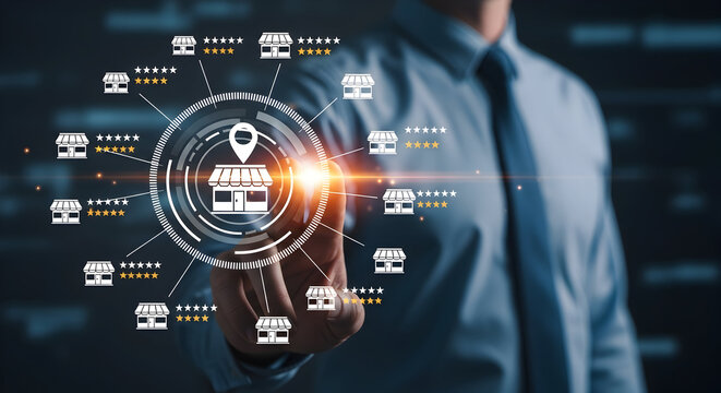 Man activating franchise business network hub. Stars and location pins glow in the background