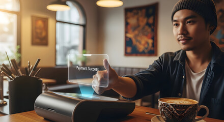 Happy customer making secure mobile payment with augmented reality at modern cafe