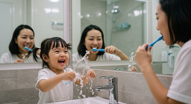 Mother and daughter brushing teeth