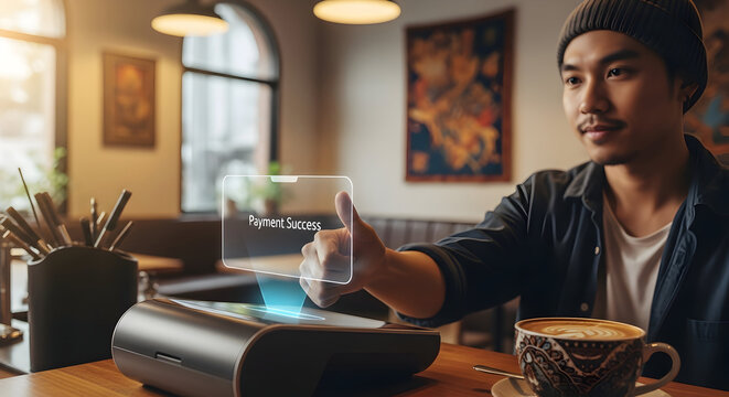 Happy customer making secure mobile payment with augmented reality at modern cafe