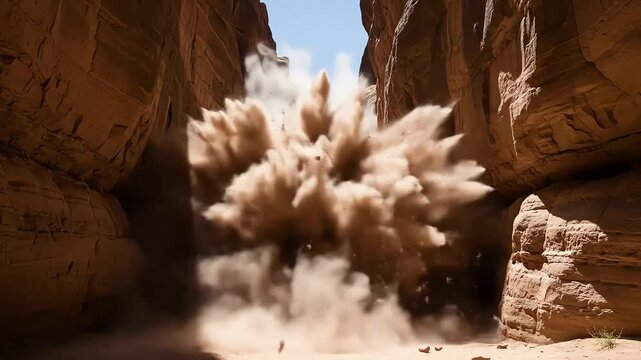 A massive cloud of dust erupts violently within a narrow sandstone canyon.