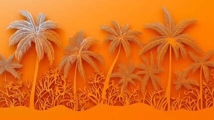 84.An intricate, seamless papercut pattern with palm trees on an orange background. The palm trees are delicately designed, with detailed cutouts creating a lacy effect. The overall design is vibrant
