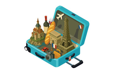 Isometric France Travel in a Suitcase Concept Vector Illustration