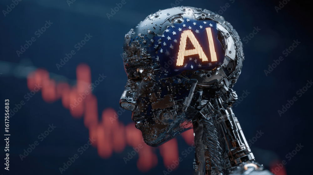 Poster futuristic robot head with digital display showing ai, symbolizing technology and innovation artific