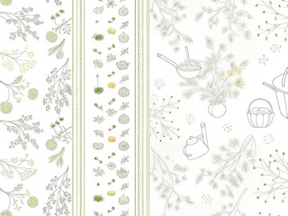 Delicate botanical pattern with subtle green and gray floral elements on white background