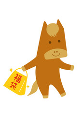年賀用/福袋を持つシンプルな馬のキャラクターイラスト