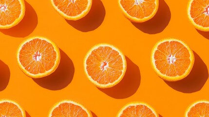 93.A seamless pattern featuring halved tangerines spread across an orange background. Each half reveals the vibrant, juicy interior of the fruit. A single tangerine is flipped upside down, offering a
