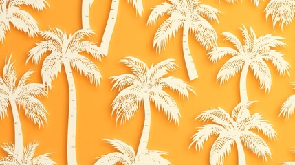 81.A papercut-style seamless pattern featuring palm trees in a lacy design on an orange background. The trees have a whimsical and airy feel, with the cutouts giving a paper-thin effect. The tropical