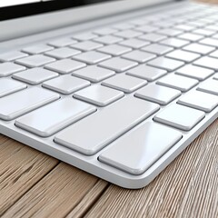 Close up of White Wireless Keyboard on Wooden Desk