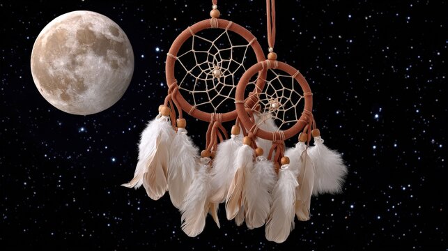Dreamcatcher with white feathers and wooden beads hanging in front of a starry night sky with a full moon background, symbolizing sleep, protection, and spirituality