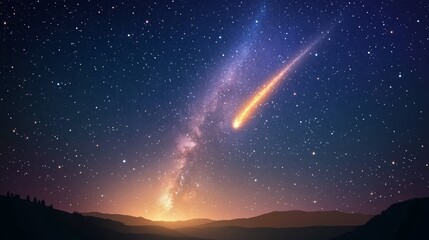 86.A stunning vector illustration of the Milky Way galaxy stretching across a dark, starry night sky. Brilliant stars shine brightly, and a comet with a glowing orange tail falls through the sky. The