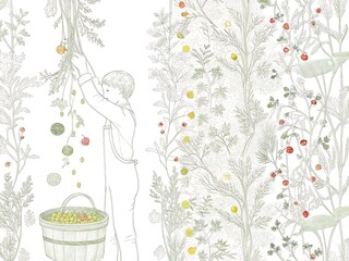 Delicate floral pattern with birds and a basket of flowers
