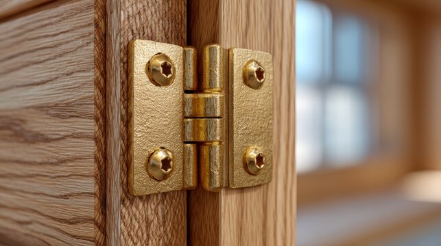 Close-up image of a shiny brass hinge attached to a wooden door frame, highlighting texture and metallic details.
