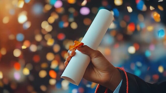 Graduation Joy Confetti Celebration with Diploma Closeup. - Powered by Adobe