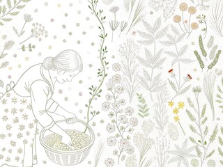 Delicate line drawing of a person tending to a lush garden with soft watercolor accents