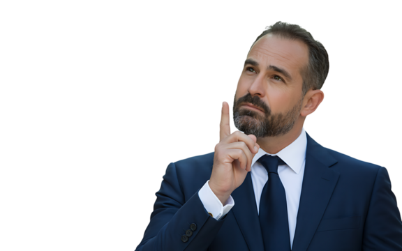 Thinking man in suit portrait with finger up idea concept stock photo image on transparent background