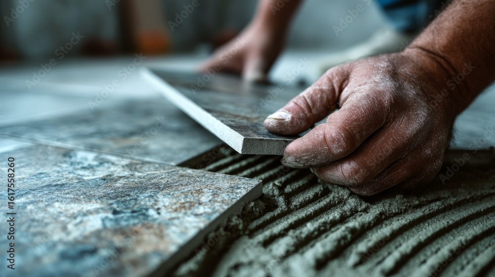 Aufkleber worker hand installing textured floor tiles with precision, showcasing craftsmanship and detail in c