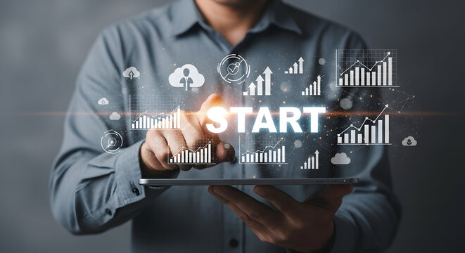 Man taps screen. Data & business chart show; starting new journey, growth, strategy, using tablet