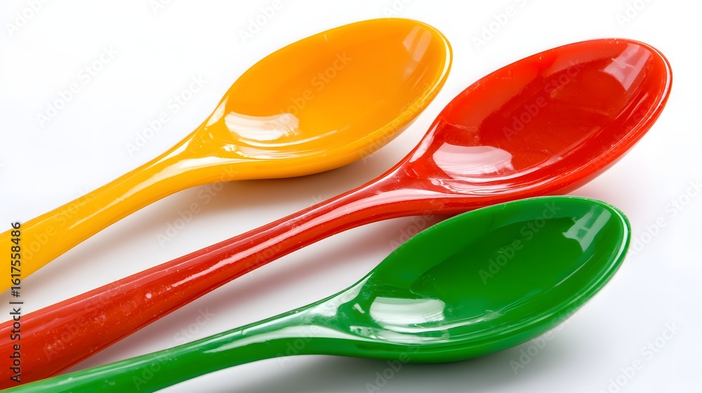 Poster colorful plastic spoons arranged in a triangular pattern.