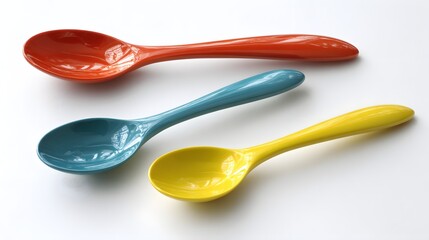 Three brightly colored spoons arranged on a white surface.