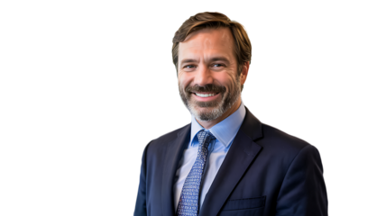 Professional headshot of smiling businessman in suit and tie corporate portrait on transparent background