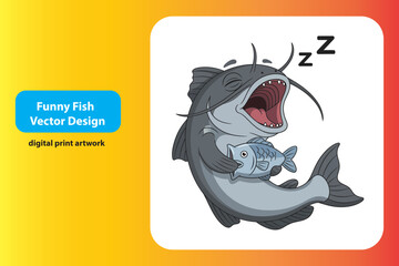Fototapeta premium Funny fish vector design of sleeping catfish, cute cartoon catfish hugging a small fish, sleeping aquatic animal illustration for digital print artwork