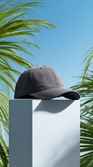 Stylish Gray Baseball Cap on a Modern Display Against a Tropical Background, A gray baseball cap sits atop a light gray cube-shaped podium, showcasing its clean lines and simple design.