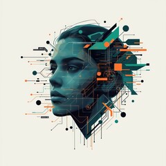 A futuristic, abstract digital illustration of a human face