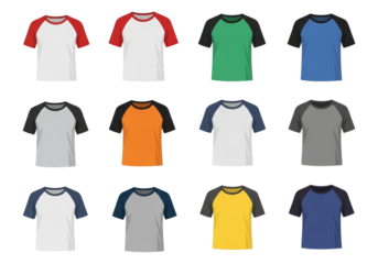 Collection of twelve colorful baseball raglan T-Shirts displayed in a grid on a black background isolated on transparent background