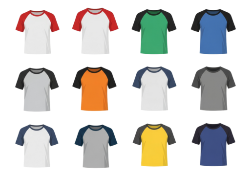 Collection of twelve colorful baseball raglan T-Shirts displayed in a grid on a black background isolated on transparent background