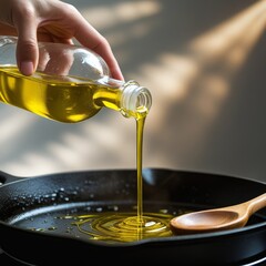 hand holding a clear glass bottle, pouring golden olive oil into a warm skillet