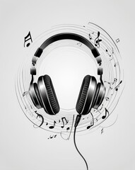 headphones, music notes,  and abstract sound waves