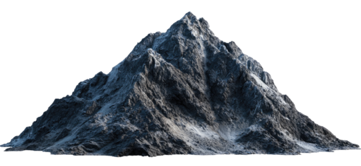 A solitary, snow-capped mountain peak rises majestically against a black background.  Its rugged, textured surface displays layers of rock and ice, with subtle shading and varied tones of gray