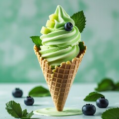 melon ice cream swirl in a waffle cone