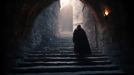 A hooded figure ascends ancient stone stairs in a dark medieval tunnel., A dramatic image of a person in a dark hooded cloak walking up a stone staircase within a dark, medieval tunnel or passageway.