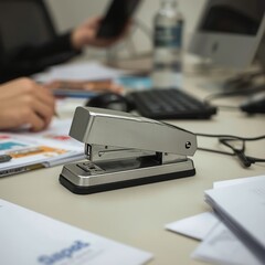 Stapler on cluttered desk with scattered papers and office supplies